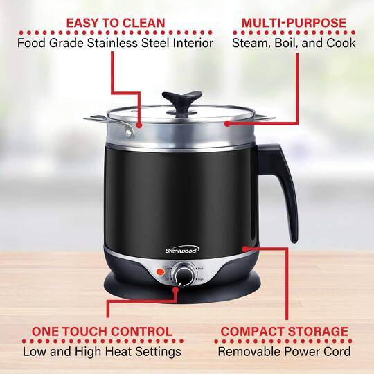 Brentwood 1.9qt. 600-Watt Stainless Steel Cordless Electric Hot Pot Cooker & Food Steamer With Swivel Base